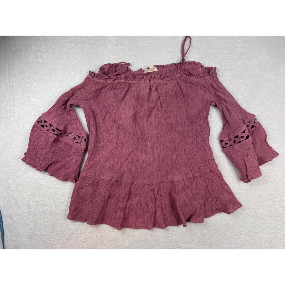 Entro Mauve Purple Off Shoulder Bell Sleeve Crochet Lattice Boho Blouse Large
